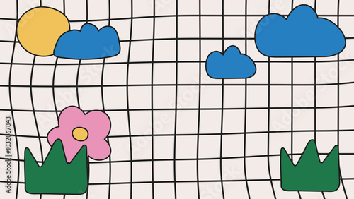 Y2K aesthetic background with linear grid and hand drawn cloud, sun and flowers. Minimalist trendy childish design