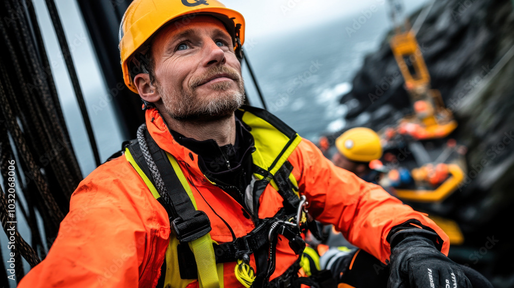 technician in orange safety suit and helmet is working on offshore wind turbine, showcasing sense of determination and focus amidst dramatic coastal backdrop technician in orange safety suit and helmet is working on offshore wind turbine, showcasing sense of determination and focus amidst dramatic coastal backdrop