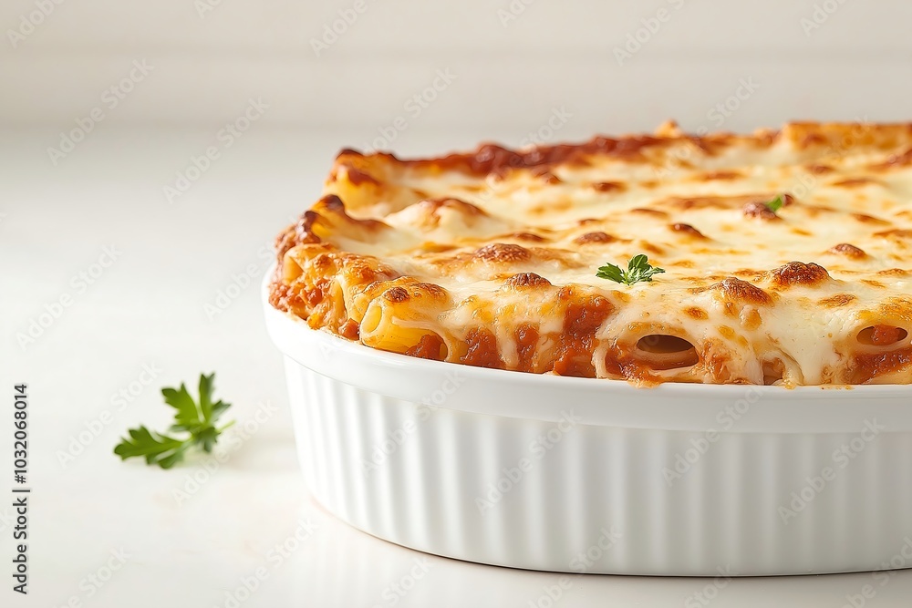 Classic Baked Ziti With Melted Cheese and Marinara Sauce, Ready for Serving, Food Photography, Menu Style Photo Image Classic Baked Ziti With Melted Cheese and Marinara Sauce, Ready for Serving, Food Photography, Menu Style Photo Image