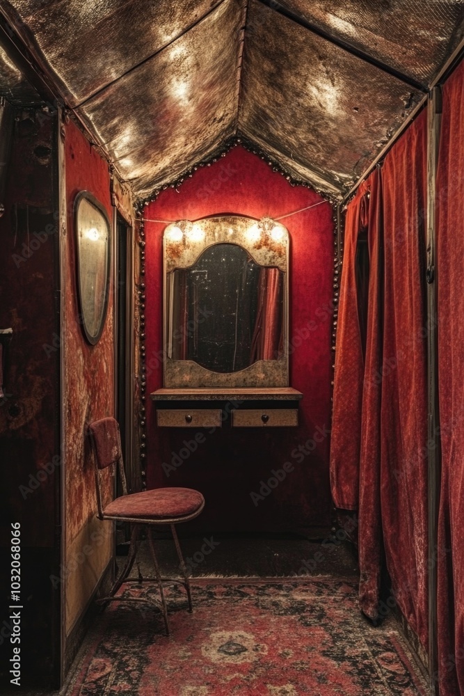 Fototapeta premium A cozy room with a red wall, mirror, and chair, perfect for interior design or decoration