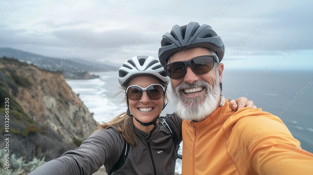 Retired couple taking selfies during a scenic bike ride along the coast, wearing helmets and bright activewear with big smiles photo Retired couple taking selfies during a scenic bike ride along the coast, wearing helmets and bright activewear with big smiles photo