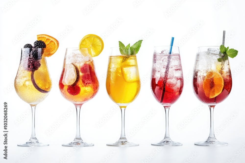 A collection of glasses containing various beverages A collection of glasses containing various beverages