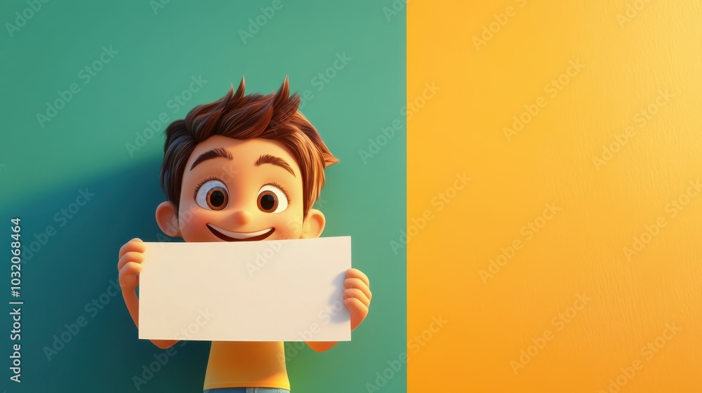 A cheerful cartoon character holds up a blank sign, perfect for marketing, set against a bright, colorful background. A cheerful cartoon character holds up a blank sign, perfect for marketing, set against a bright, colorful background.