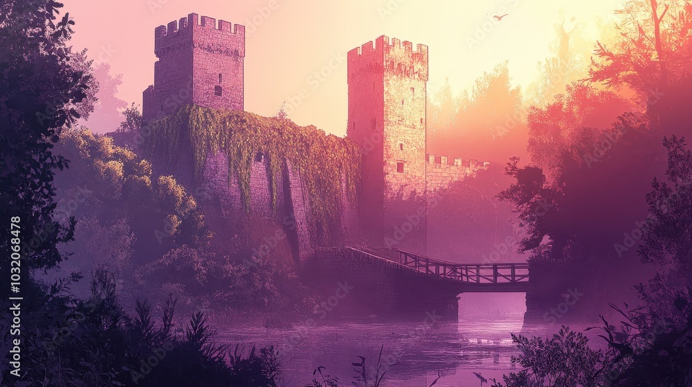 Illustration of fortress with ivy-covered walls drawbridge over misty moat sunset casting shadows Illustration of fortress with ivy-covered walls drawbridge over misty moat sunset casting shadows
