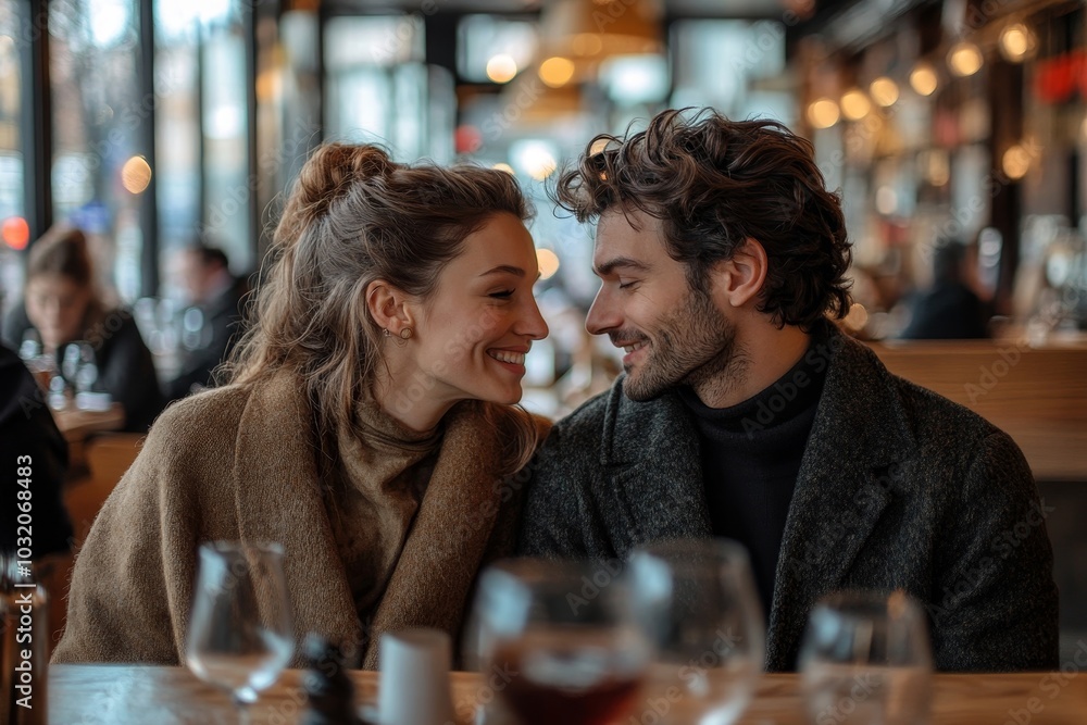 Loving european couple enjoying date in coffee shop, man and woman sitting, touching foreheads and smiling, side view, Generative AI Loving european couple enjoying date in coffee shop, man and woman sitting, touching foreheads and smiling, side view, Generative AI