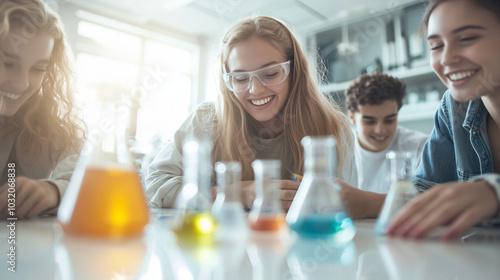 Teen friends sitting at a science lab table, enjoying a lighthearted moment while experimenting with colorful solutions photo