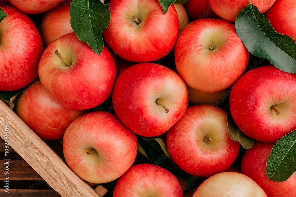 A Close-up of Apples in a Wooden Crate With Fresh Leaves, Emphasizing Organic Produce and Natural Colors, Fruit Photography, Fruit Menu Style Photo Image A Close-up of Apples in a Wooden Crate With Fresh Leaves, Emphasizing Organic Produce and Natural Colors, Fruit Photography, Fruit Menu Style Photo Image