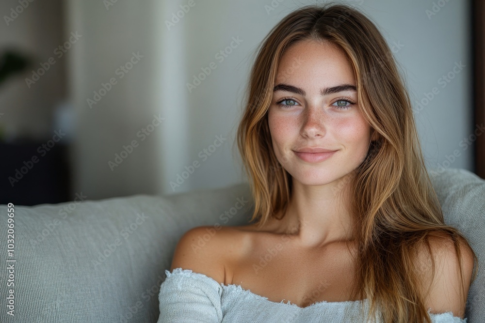 Portrait of beautiful european woman sitting on sofa at home interior, looking and smiling at camera, enjoying domestic leisure, free space, Generative AI Portrait of beautiful european woman sitting on sofa at home interior, looking and smiling at camera, enjoying domestic leisure, free space, Generative AI