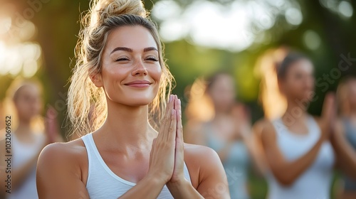 A group of people attending an outdoor yoga class in a tranquil city park promoting a healthy and balanced lifestyle through exercise meditation and connection with nature