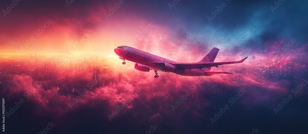 Airplane flying over a city at sunset with dramatic colorful clouds. Airplane flying over a city at sunset with dramatic colorful clouds.