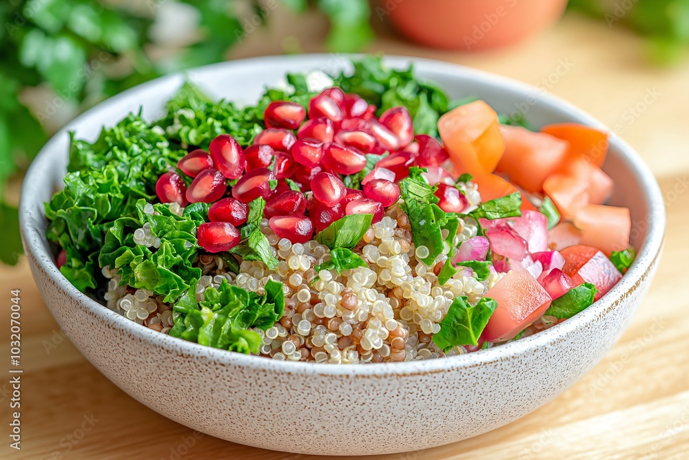 A Colorful Salad With Quinoa, Kale, and Pomegranate Seeds, Served in a Trendy Vegan Café, Food Photography, Menu Style Photo Image A Colorful Salad With Quinoa, Kale, and Pomegranate Seeds, Served in a Trendy Vegan Café, Food Photography, Menu Style Photo Image