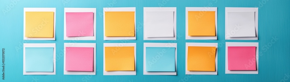 Colorful sticky notes arranged in rows on a blue background Colorful sticky notes arranged in rows on a blue background