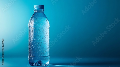 A plastic bottle of water with condensation droplets stands against a vibrant blue backdrop.