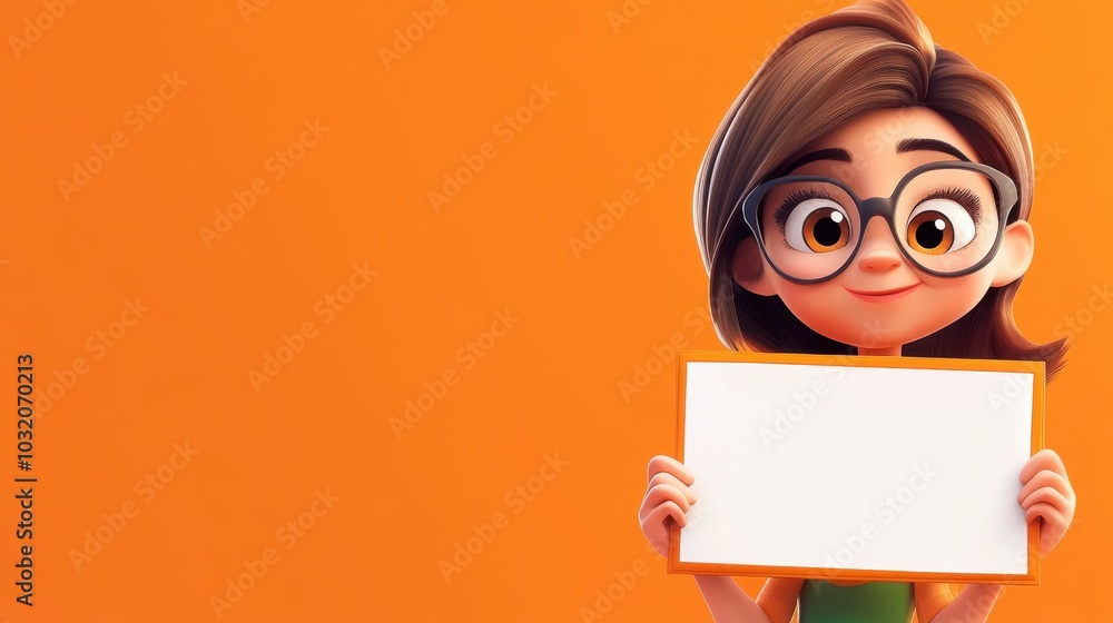 A cute, bespectacled cartoon girl holds a blank sign against an energetic orange background, ready for your message A cute, bespectacled cartoon girl holds a blank sign against an energetic orange background, ready for your message