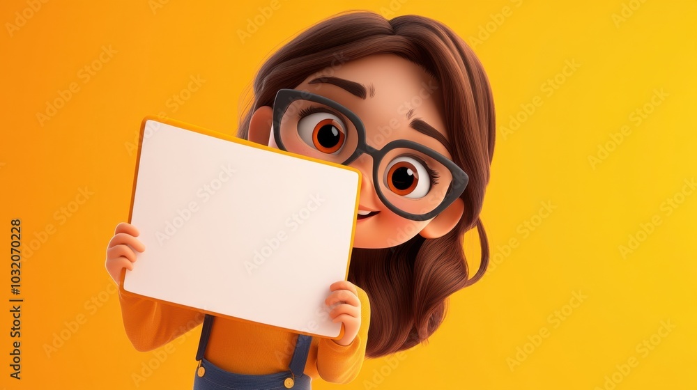 A cute, bespectacled cartoon girl holds a blank sign against an energetic orange background, ready for your message A cute, bespectacled cartoon girl holds a blank sign against an energetic orange background, ready for your message