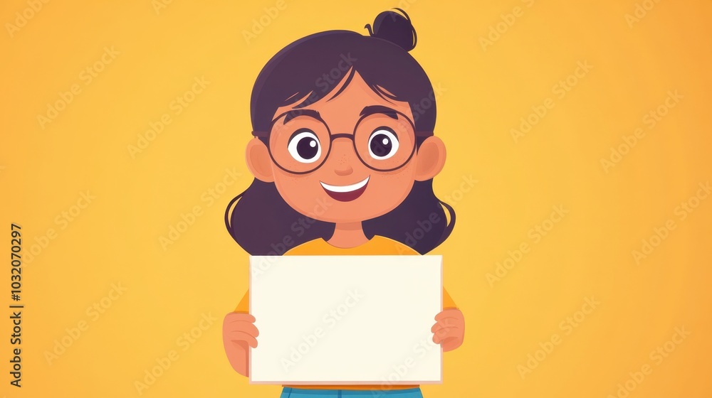 A cute cartoon girl with glasses holds a blank sign against a vibrant orange background, perfect for highlighting messages. A cute cartoon girl with glasses holds a blank sign against a vibrant orange background, perfect for highlighting messages.