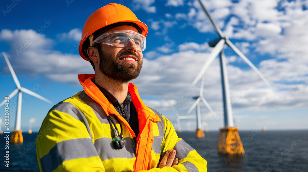 technician stands confidently near offshore wind turbines, showcasing dedication to renewable energy. bright orange helmet and reflective jacket highlight safety in this vibrant environment technician stands confidently near offshore wind turbines, showcasing dedication to renewable energy. bright orange helmet and reflective jacket highlight safety in this vibrant environment