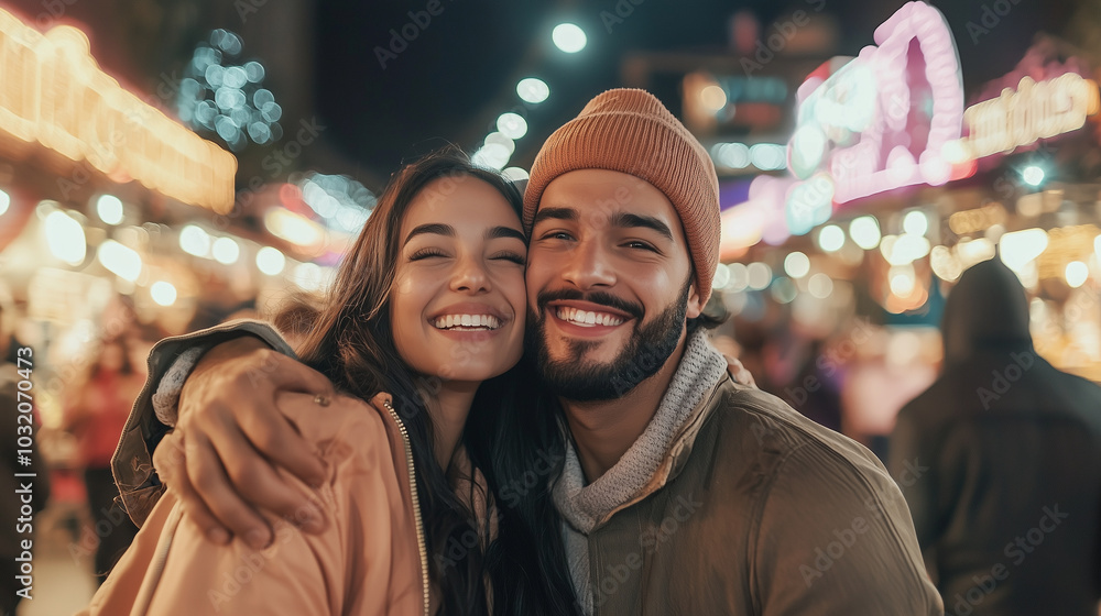 A couple hugging excitedly under neon signs in a bustling night market, capturing a joyful selfie for social mediaphoto A couple hugging excitedly under neon signs in a bustling night market, capturing a joyful selfie for social mediaphoto