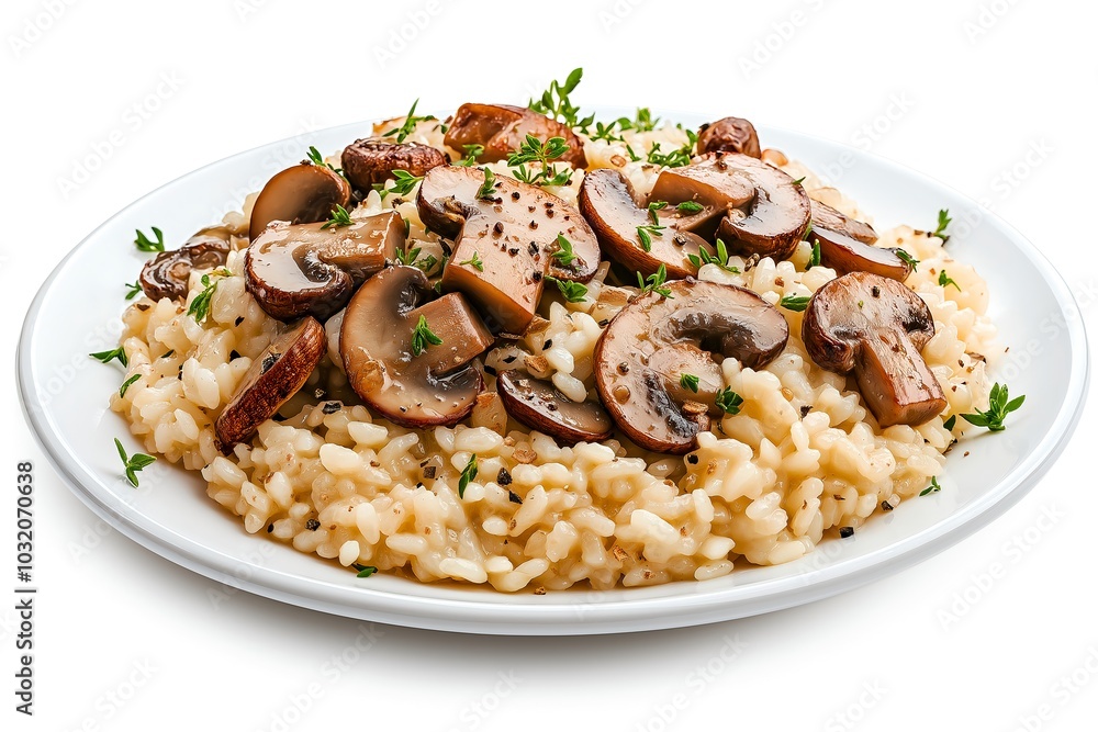 A Creamy Risotto With Mushrooms and Truffle Oil, Arranged Elegantly on a Plate, Food Photography, Menu Style Photo Image A Creamy Risotto With Mushrooms and Truffle Oil, Arranged Elegantly on a Plate, Food Photography, Menu Style Photo Image