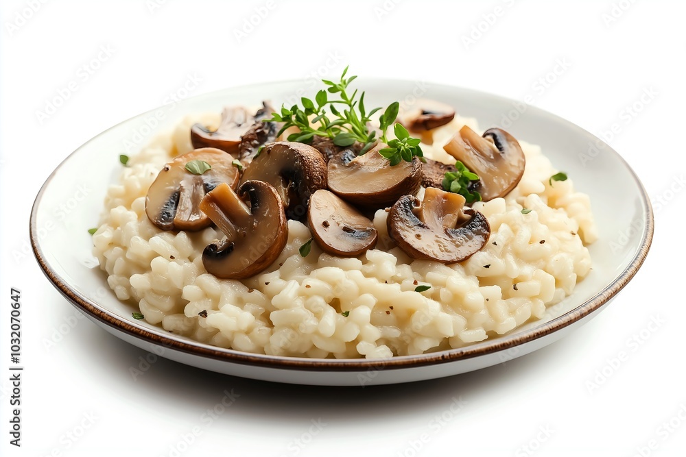 A Creamy Risotto With Mushrooms and Truffle Oil, Arranged Elegantly on a Plate, Food Photography, Menu Style Photo Image A Creamy Risotto With Mushrooms and Truffle Oil, Arranged Elegantly on a Plate, Food Photography, Menu Style Photo Image