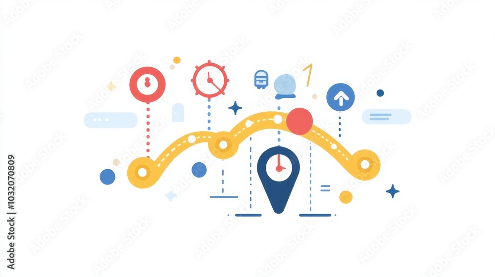 Fototapeta premium A flat design timeline with key points marked along a pathway, visualizing the roadmap concept for achieving long-term goals.