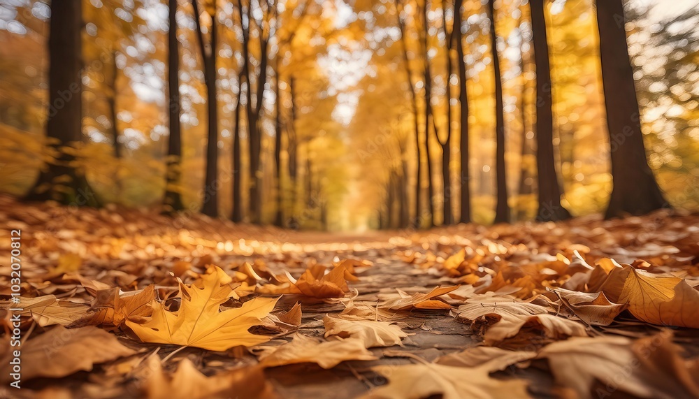 serene forest path covered in autumn leaves, with tall trees lining the way serene forest path covered in autumn leaves, with tall trees lining the way