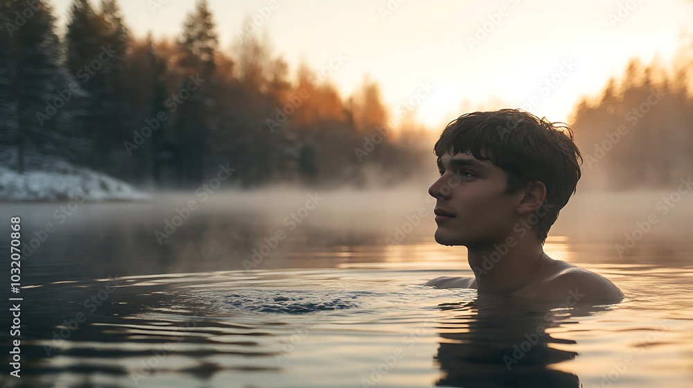 A man is in the water, looking at the camera. The water is foggy and the sky is orange A man is in the water, looking at the camera. The water is foggy and the sky is orange
