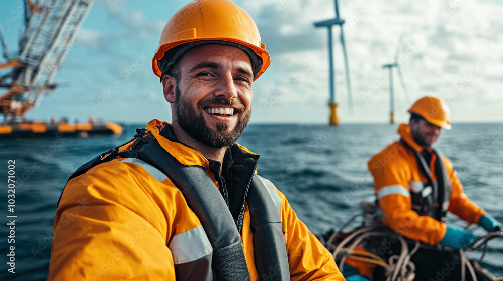 technician smiles confidently while working offshore near wind turbines, showcasing teamwork and safety in marine environment technician smiles confidently while working offshore near wind turbines, showcasing teamwork and safety in marine environment