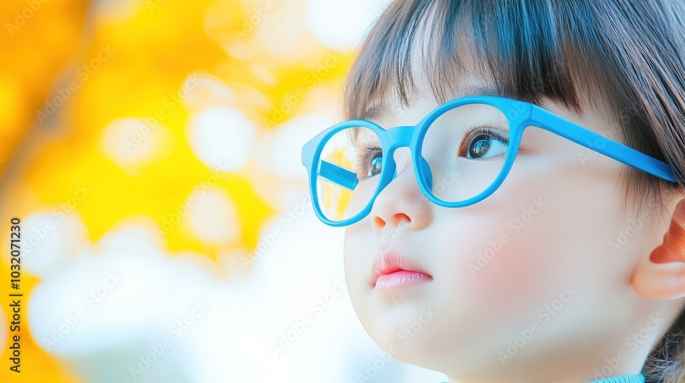 Young child wearing blue glasses focusing on distant tree outside window, symbolizing myopia prevention and importance of outdoor activities. Young child wearing blue glasses focusing on distant tree outside window, symbolizing myopia prevention and importance of outdoor activities.
