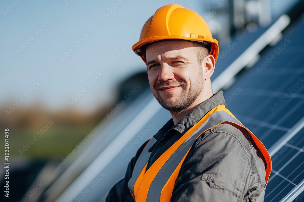 Male engineer checking the maintenance of the solar panels Male engineer checking the maintenance of the solar panels