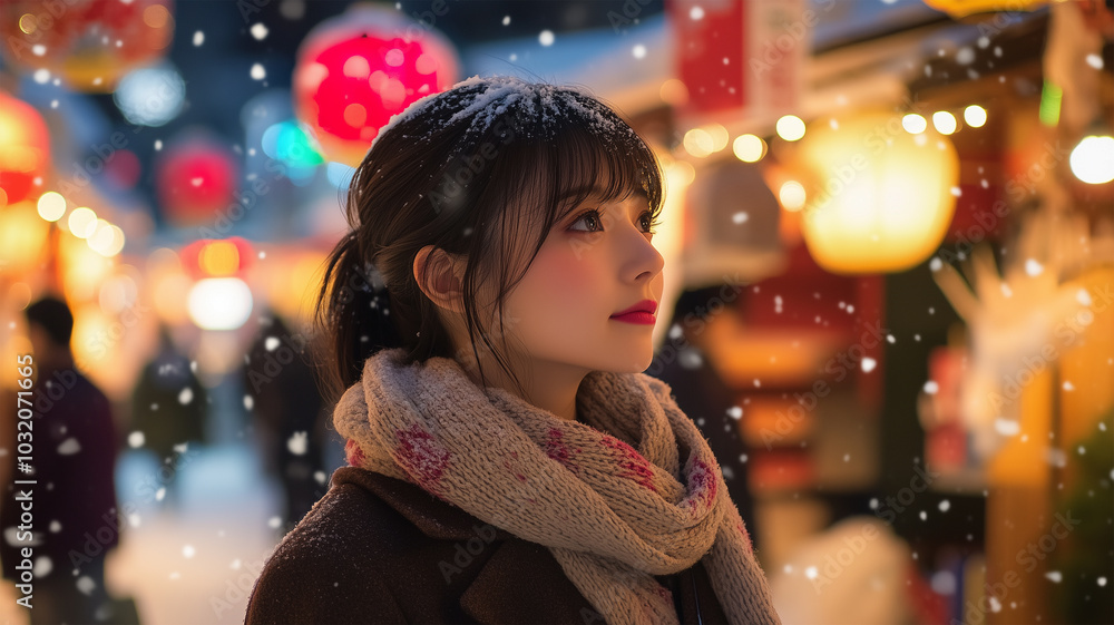 冬祭りで雪の街を歩く女性の横顔 冬祭りで雪の街を歩く女性の横顔