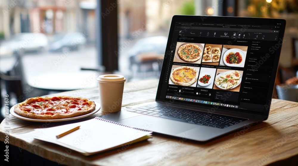 Pizza and Laptop on a Table Pizza and Laptop on a Table