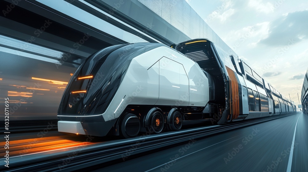 Naklejka premium A futuristic logistic truck drives alongside a modern rail system, representing efficient intermodal transport and logistics networks