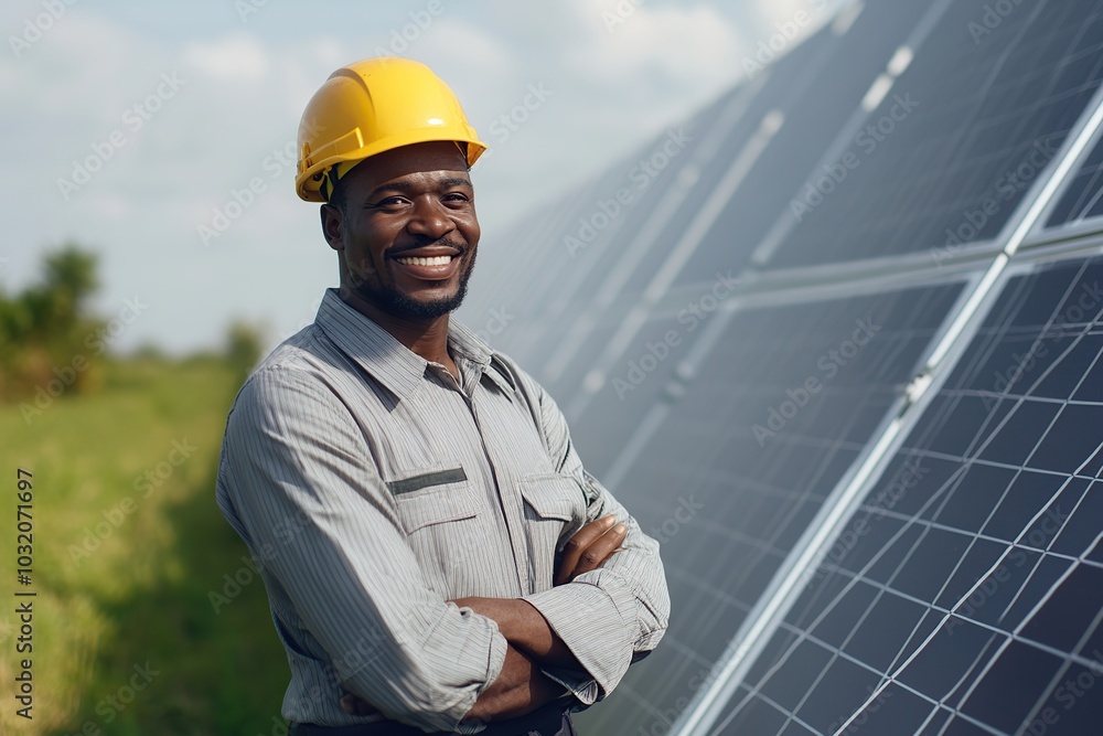 Male african engineer checking the maintenance of the solar panels Male african engineer checking the maintenance of the solar panels