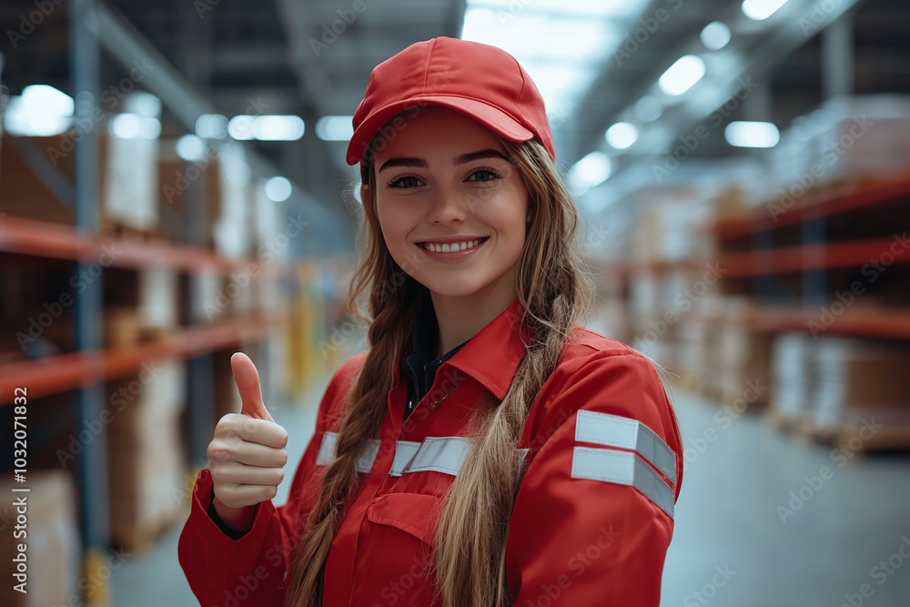 Portrait of female staff standing in warehouse and showing thumb up Portrait of female staff standing in warehouse and showing thumb up