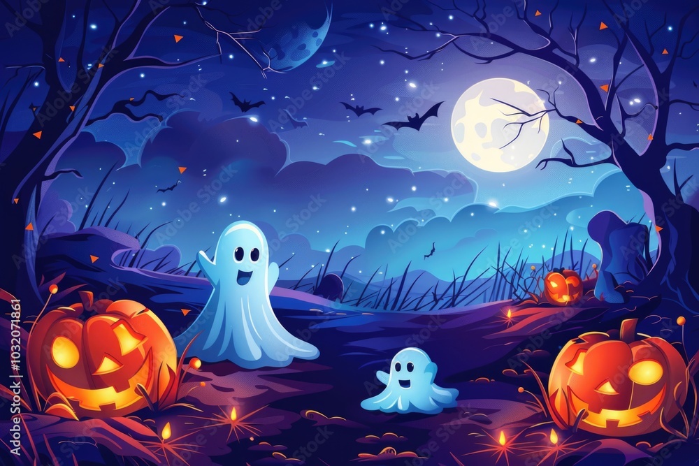A spooky Halloween scene featuring pumpkins and ghostly figures A spooky Halloween scene featuring pumpkins and ghostly figures