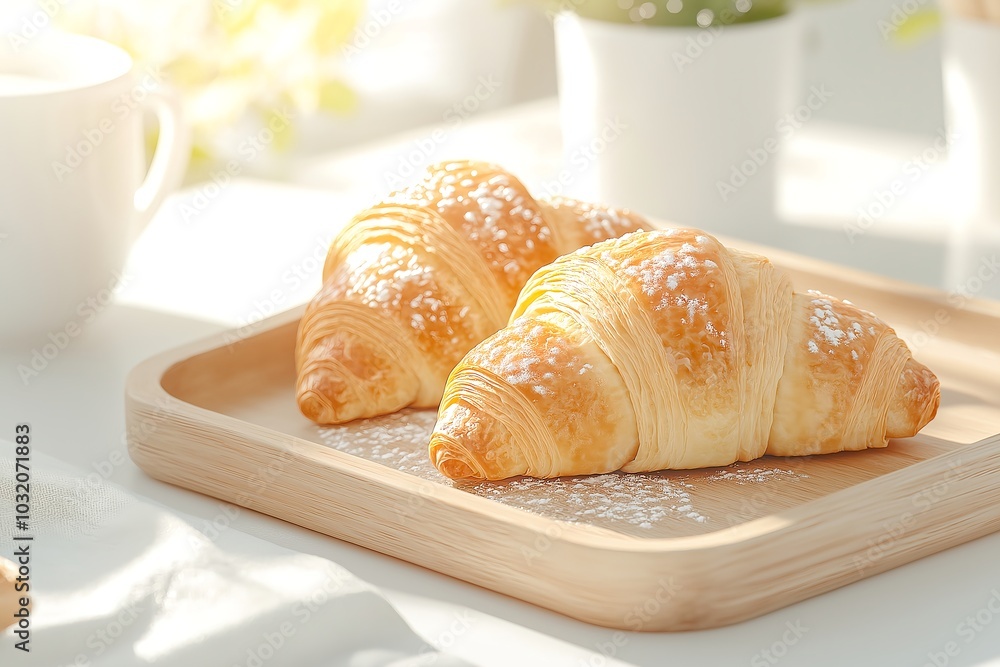 A Freshly Baked Croissants With Honey and Butter, Placed on a Wooden Tray in a Sunlit Kitchen, Bakery Breakfast Photography, Breakfast Bakery Menu Style Photo Image A Freshly Baked Croissants With Honey and Butter, Placed on a Wooden Tray in a Sunlit Kitchen, Bakery Breakfast Photography, Breakfast Bakery Menu Style Photo Image