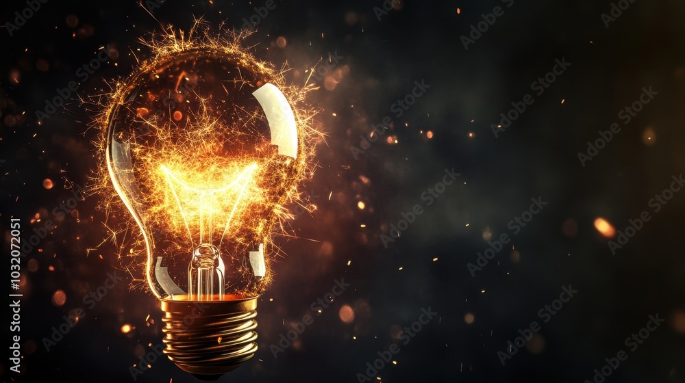 A glowing light bulb with sparks in a minimalist flat design, symbolizing creativity, with a blank space for inserting ideas or messages A glowing light bulb with sparks in a minimalist flat design, symbolizing creativity, with a blank space for inserting ideas or messages