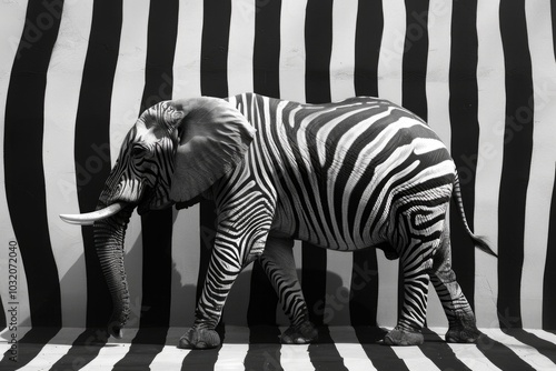 A close-up shot of an elephant and a zebra standing together, both in black and white