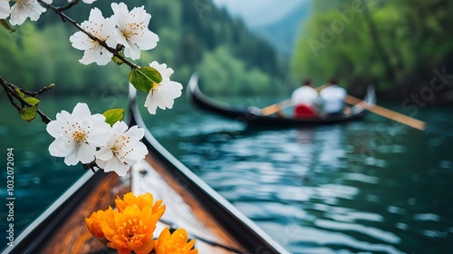 A couple enjoying a romantic gondola ride through the picturesque and historic canals of Venice Italy a popular tourist destination known for its serene waterways elegant architecture