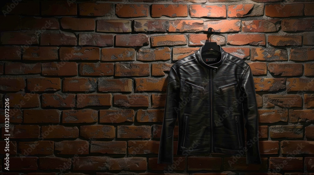 Black Leather Jacket Hanging on a Brick Wall Black Leather Jacket Hanging on a Brick Wall