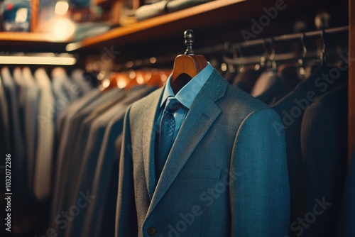 A suit hangs on a rack in a store, ready for customers to try on