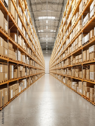 Spacious warehouse aisle with neatly stacked cardboard boxes on shelves, empty concrete floor.