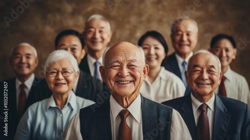 Group of elderly people smiling warmly in a portrait.