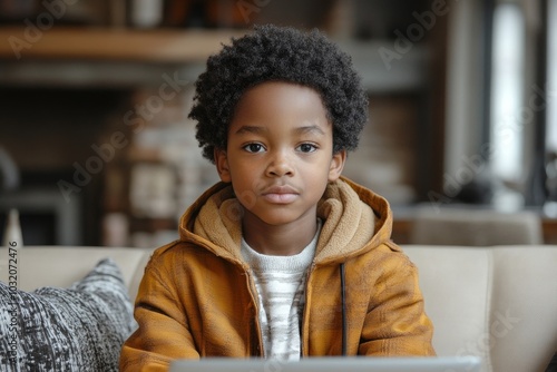 Portrait of a black man who gesticulates and talks to the camera, communicates via video call, Generative AI photo