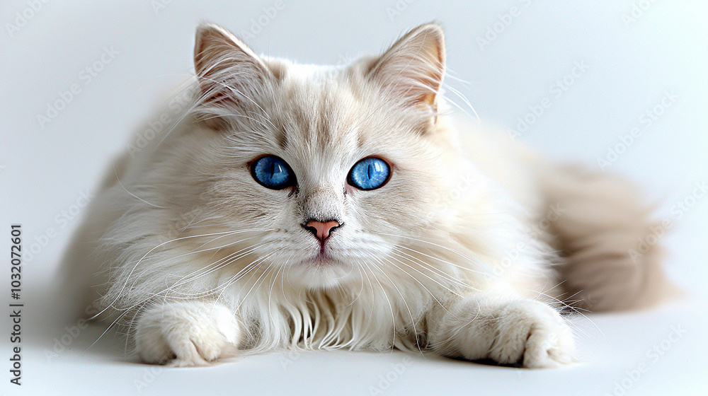 An elegant white Persian cat lounging on a smooth, snow-white surface. Fully visible and looking directly at the camera, her enchanting sky-blue eyes exude special charm. An elegant white Persian cat lounging on a smooth, snow-white surface. Fully visible and looking directly at the camera, her enchanting sky-blue eyes exude special charm.