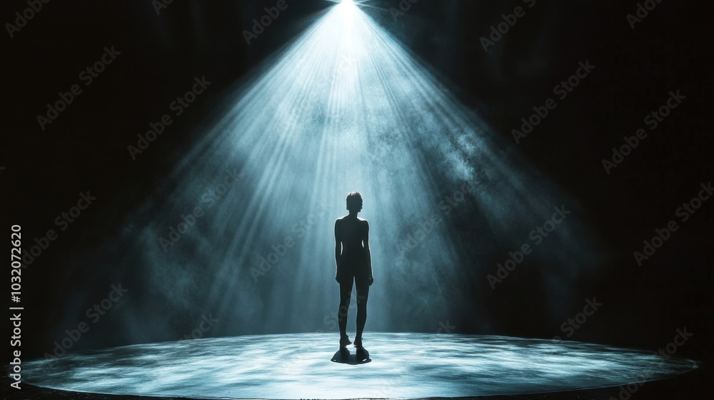 A single spotlight illuminating a performer on a dark stage, with detailed shadows. A single spotlight illuminating a performer on a dark stage, with detailed shadows.