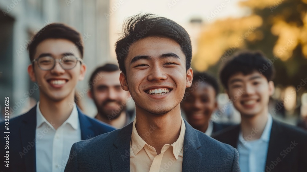 Diverse young professionals smiling in urban outdoor Diverse young professionals smiling in urban outdoor