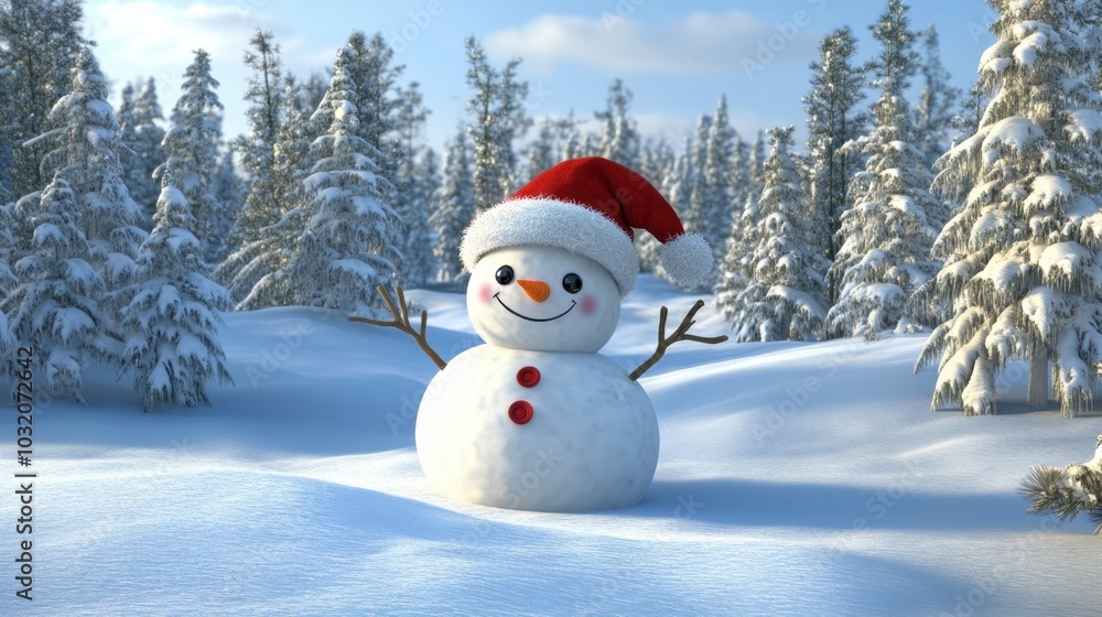 Obraz premium A joyful snowman with a big red Santa hat, waving cheerfully in a snowy landscape, surrounded by winter magic, 3D illustration.