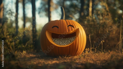 A small pumpkin with a goofy face and a carved-out mouth full of tiny pumpkin seeds sits in a clearing, surrounded by tall trees and bushes.